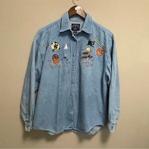 Solutions! Vintage 90s Embroidered Halloween Denim Jean Long Sleeve Shirt Large